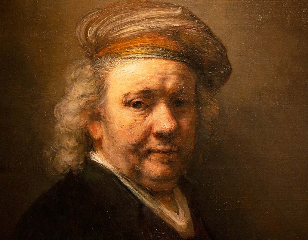 Detail of a Rembrandt self-portrait from 1669 and displayed at the Mauritshuis in The Hague.