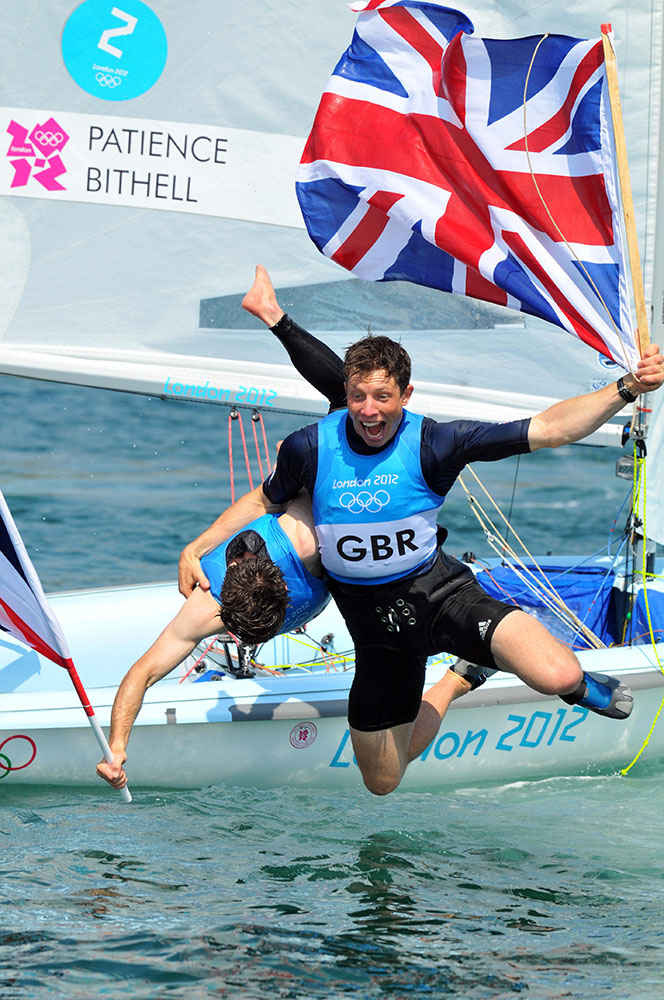 Finnbarr Webster photographed uke Patience and Stuart Bithell celebrating after winning the Men's 470 in the 2012 Olympic Games