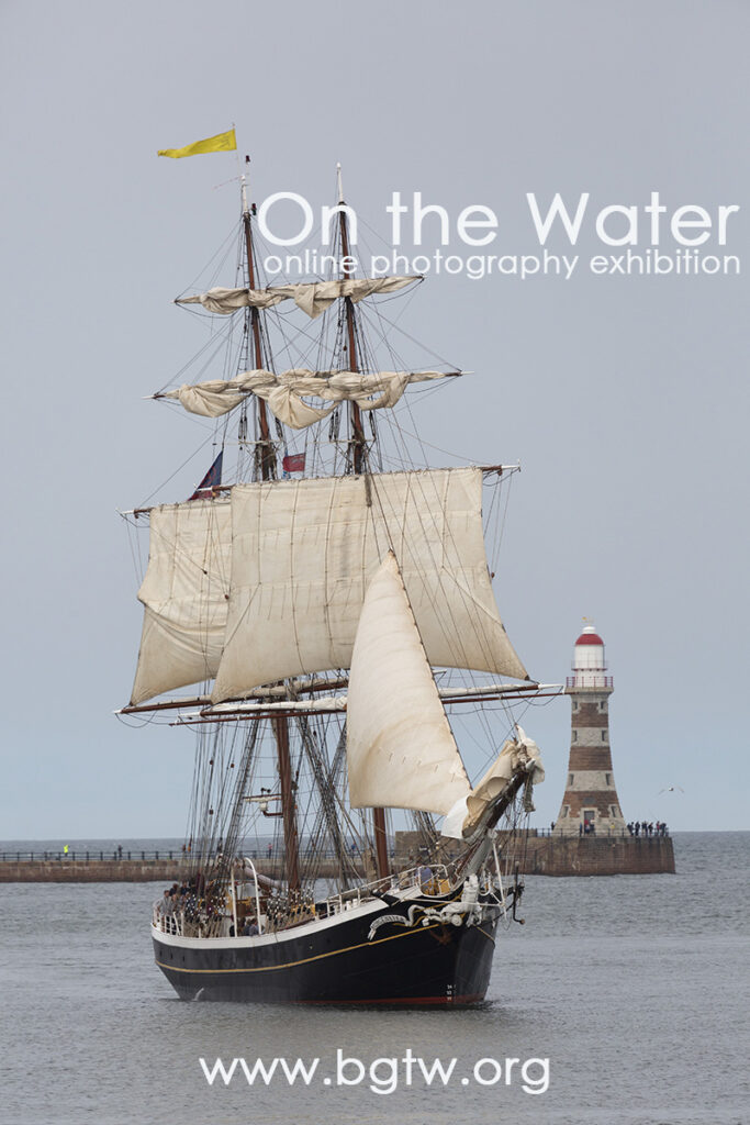 Pinterest pin for the On the Water online photography exhibition featuring images by members of the British Guild of Travel Writers. This image is from the 2018 Tall Ships Race which started in Sunderland, England.