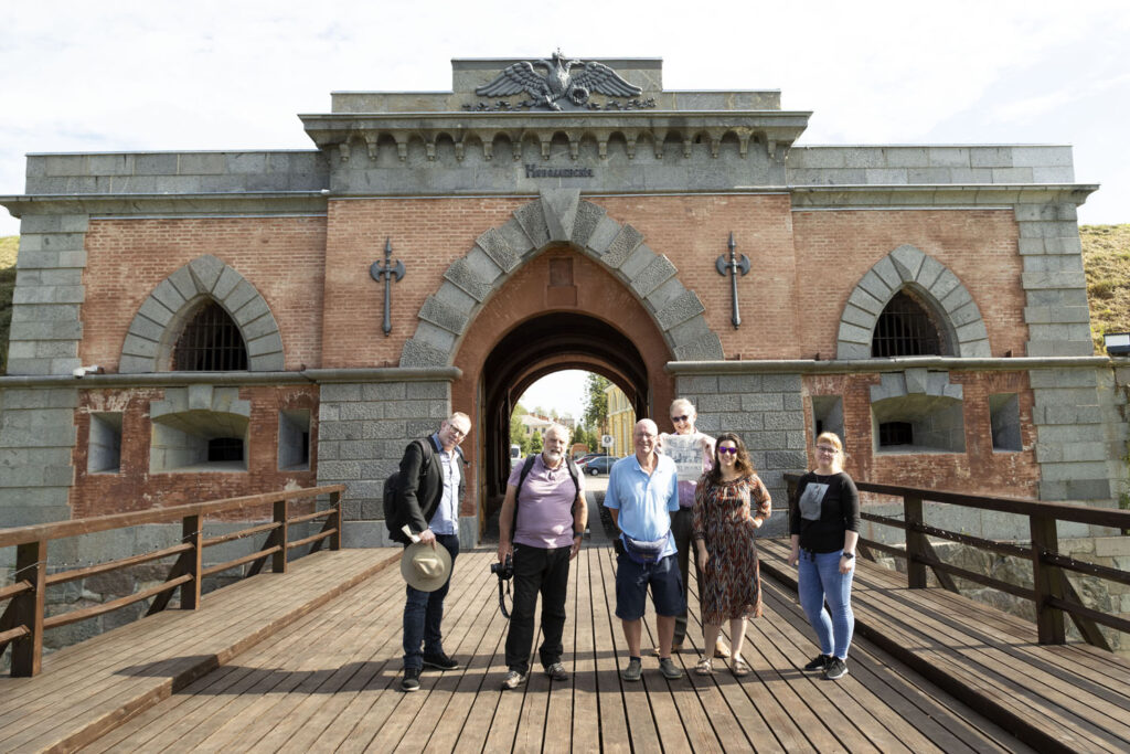 Members of the British Guild of Travel Writers at the Nicholas Gate of Daugavpils Fortress