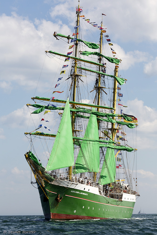 Alexander Humboldt II, a German ship, on the North Sea off Sunderland in north-east England at the start of the 2018 Tall Ships Race. Part of the British Guild of Travel Writers Online Photography Exhibition themed Adventure.