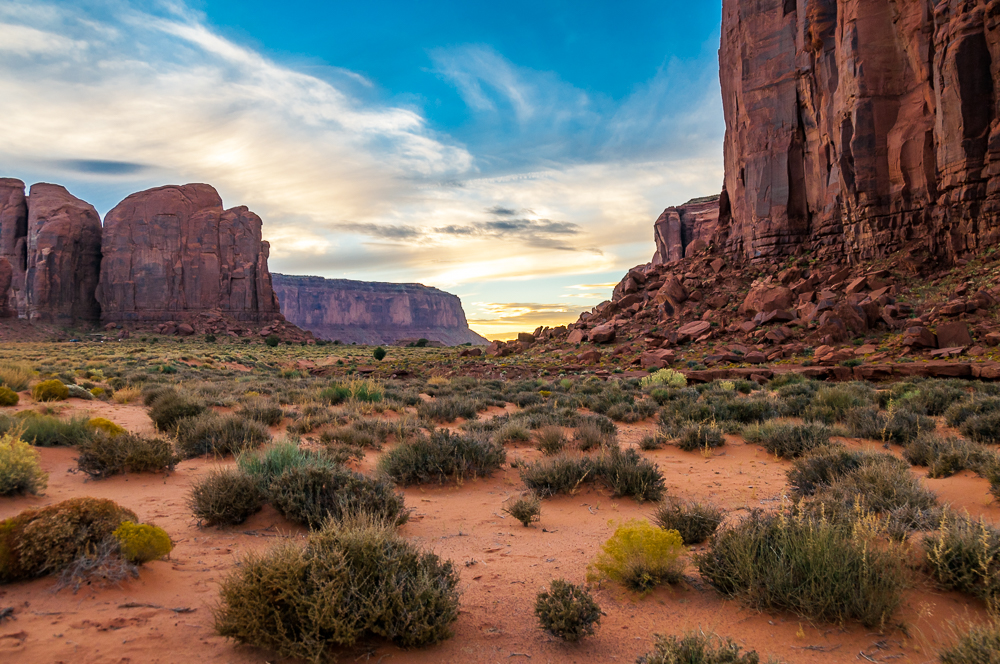 View of Monument Valley at sunset from around Cly Butte in Arizona.